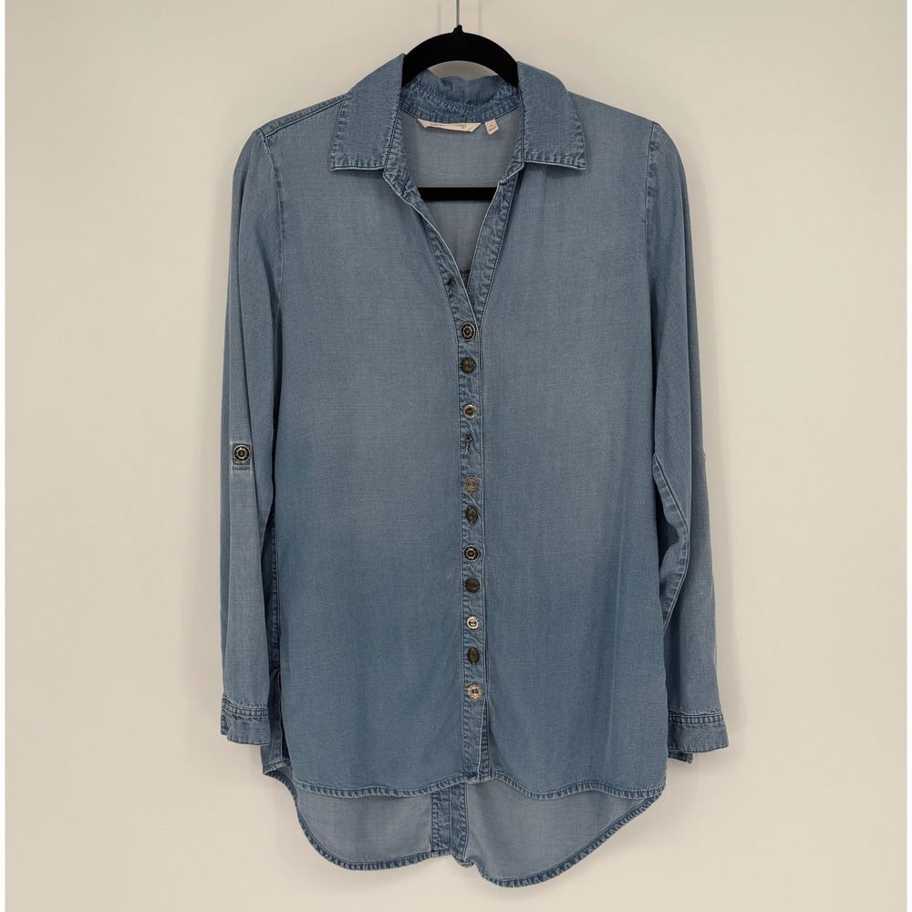 Soft Surroundings Tencel Lyocell Denim Blue Button Down Tunic Shirt Small 2AN75
